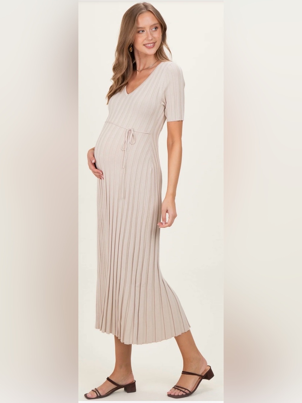 Pinkblush Beige Knit Maternity Maxi Dress